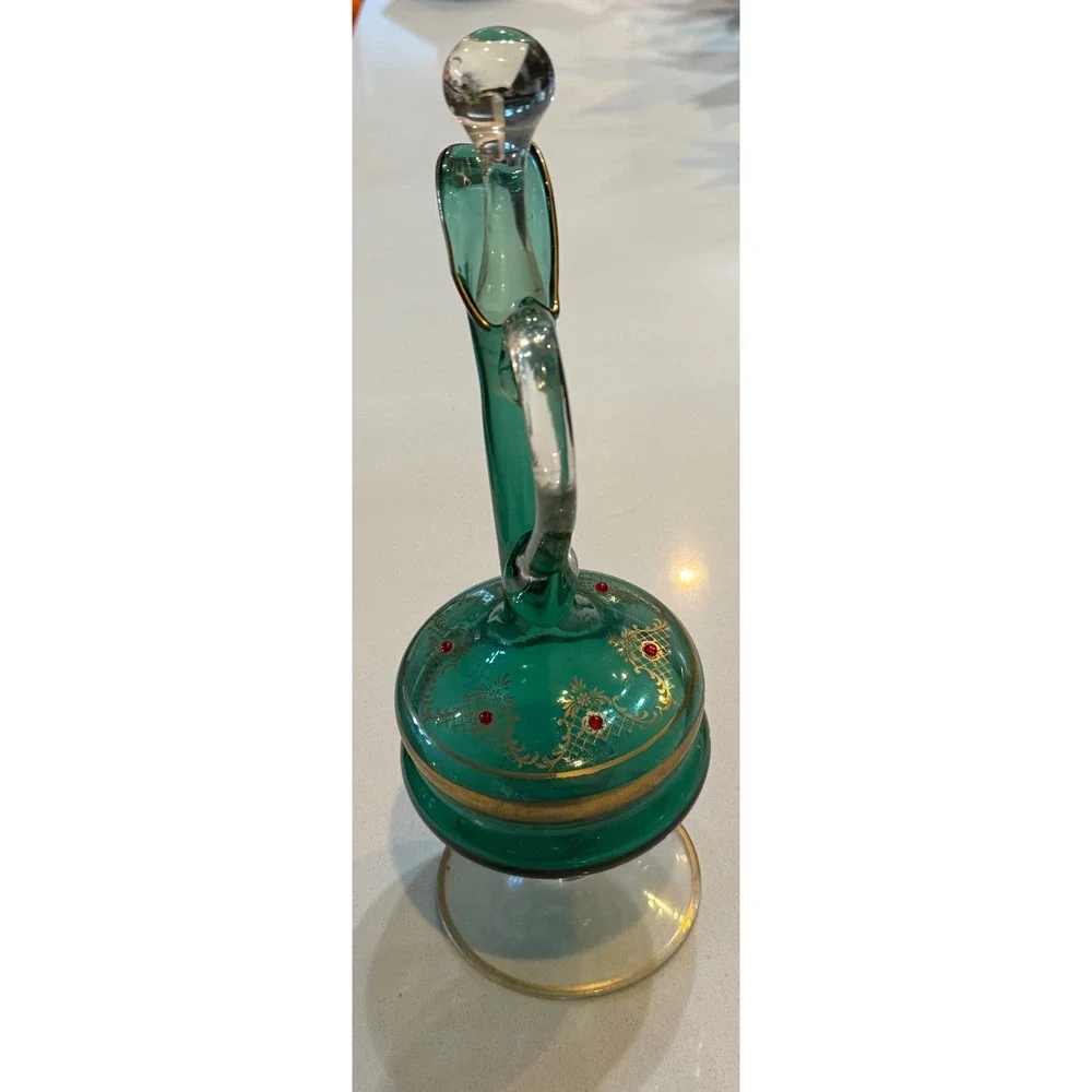 Vintage Venetian Emerald Green Glass Decanter Gold Gilt Jeweled‎ Cruet Stopper